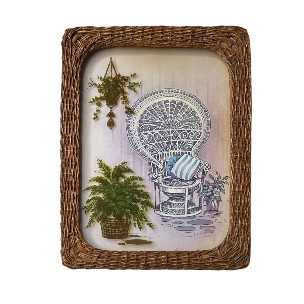 Vintage Boho Rattan Wicker Fan-Back Peacock Chair Fern Plants 3D Look 10x13